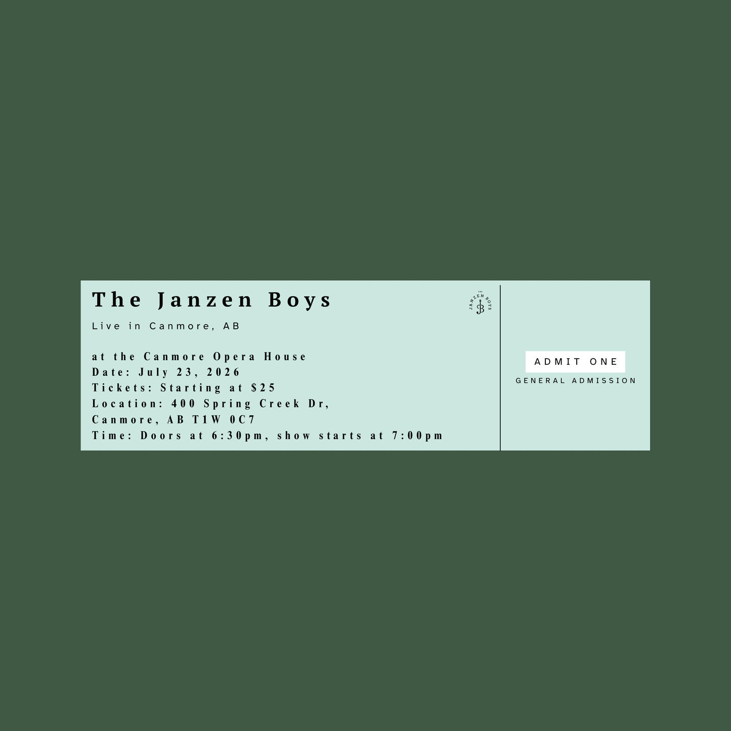 ONE Ticket to The Janzen Boys Live in Canmore - Thursday, July 23rd