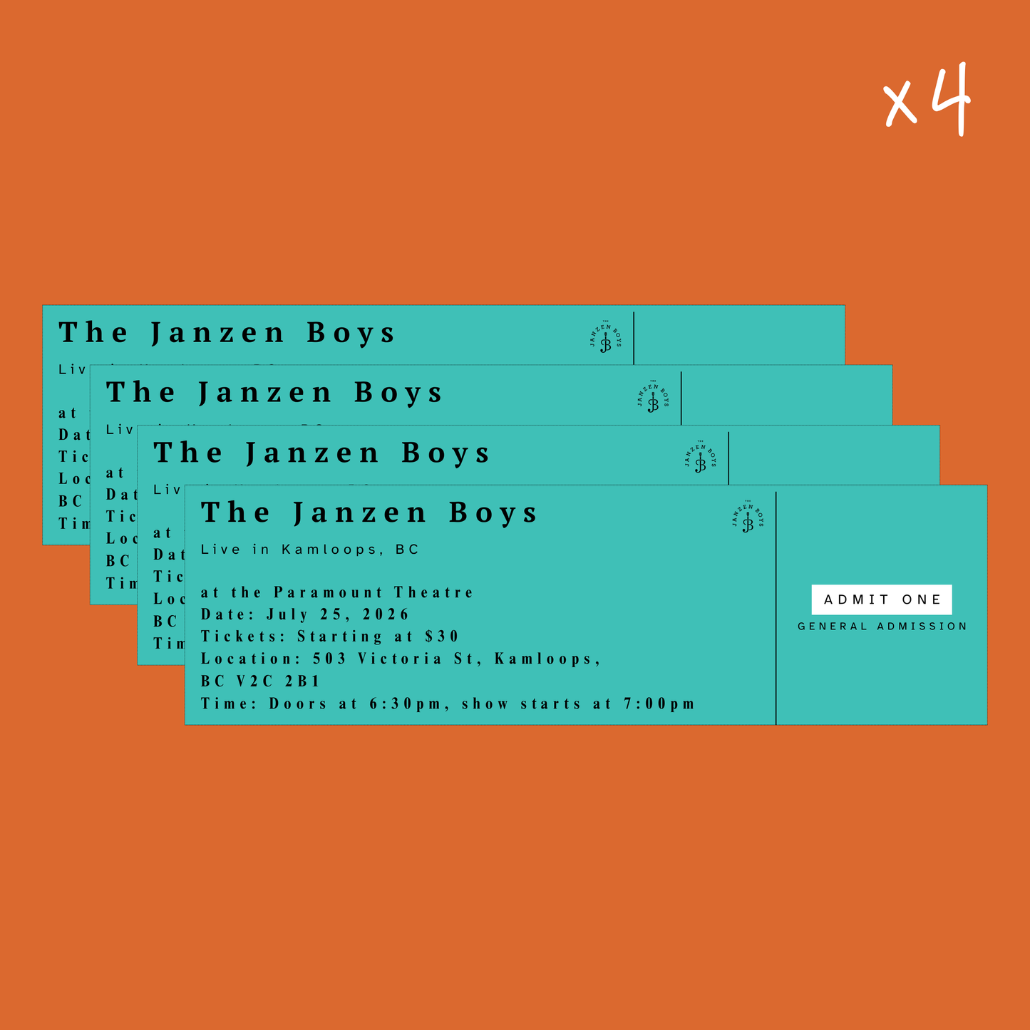 FOUR Tickets to The Janzen Boys Live in Kamloops - Saturday, July 25th