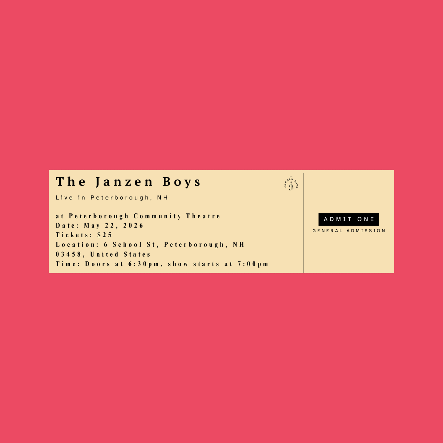 ONE Ticket to The Janzen Boys Live in Peterborough - Friday, May 22nd