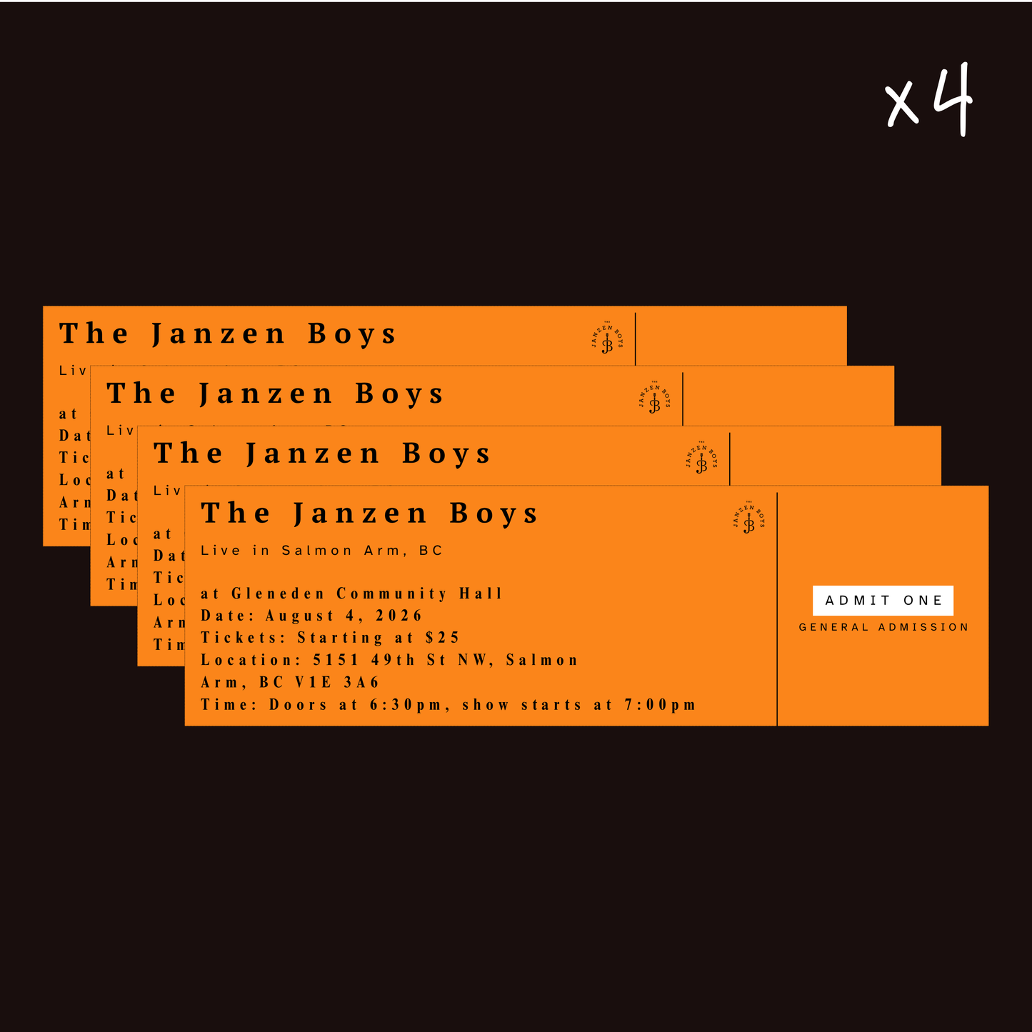 FOUR Tickets to The Janzen Boys Live in Salmon Arm - Tuesday, August 4th