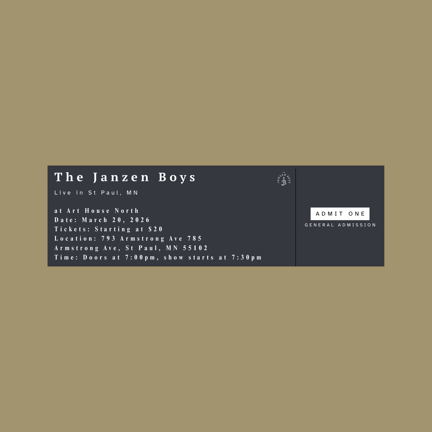 ONE Ticket to The Janzen Boys Live in Saint Paul - Friday, March 20th