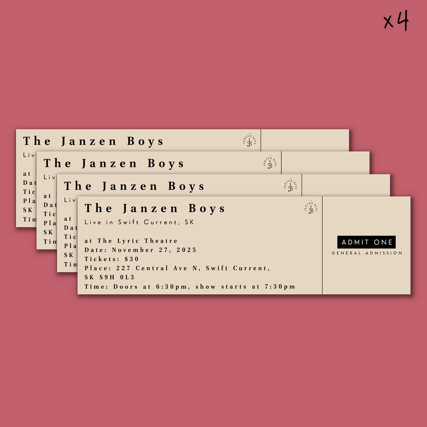 FOUR Tickets to The Janzen Boys Live in Swift Current - Thursday, November 27