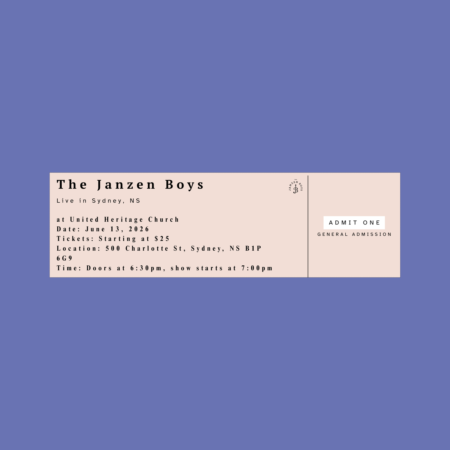 ONE Ticket to The Janzen Boys Live in Sydney - Saturday, June 13th
