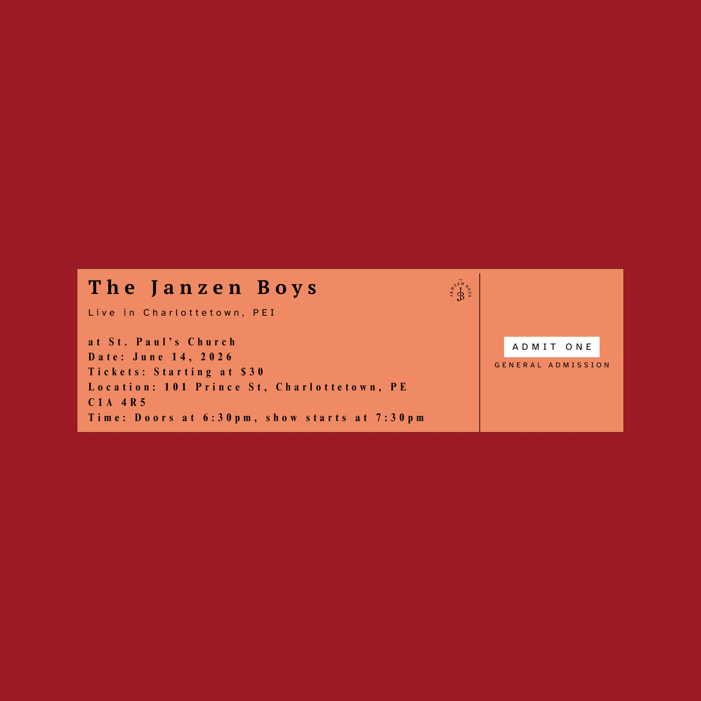ONE Ticket to The Janzen Boys Live in Charlottetown - Sunday, June 14th
