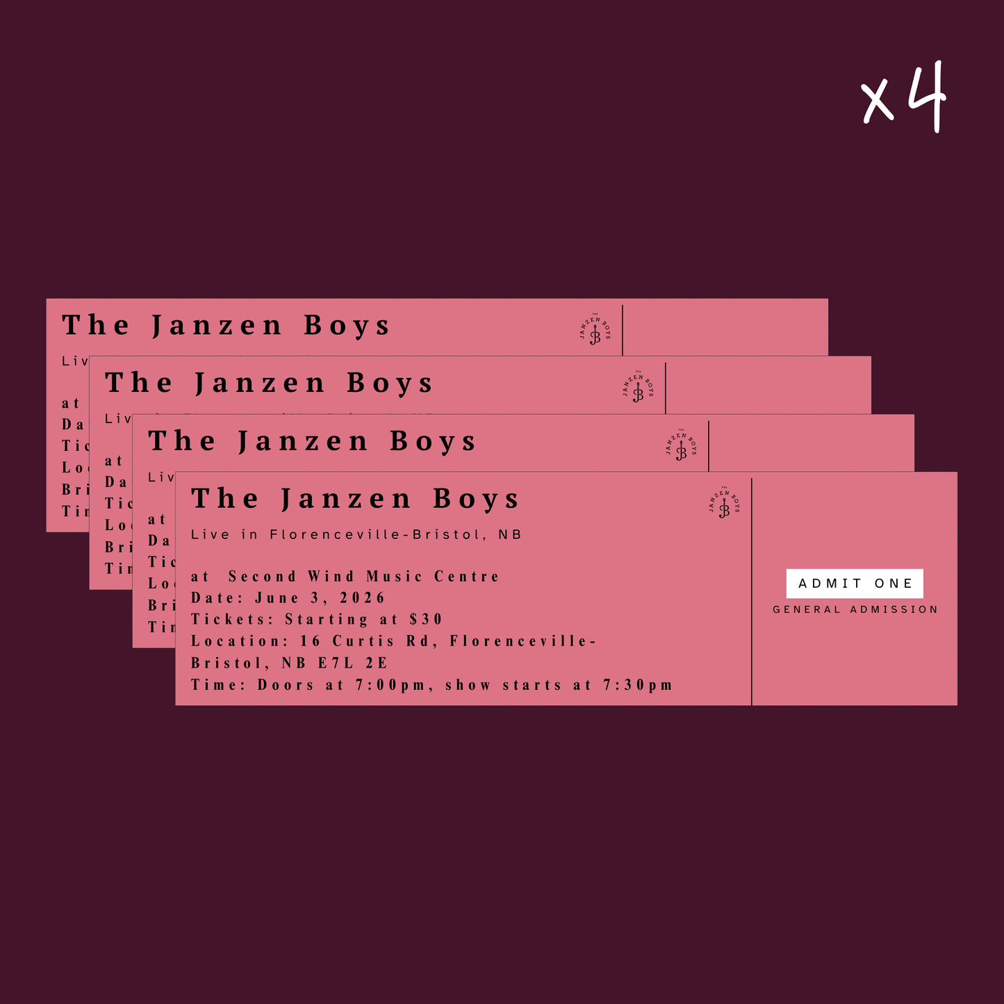 FOUR Tickets to The Janzen Boys Live in Florenceville-Bristol - Wednesday, June 3rd