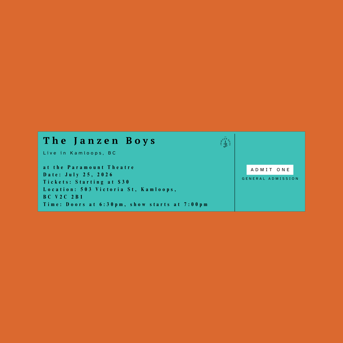 ONE Ticket to The Janzen Boys Live in Kamloops - Saturday, July 25th