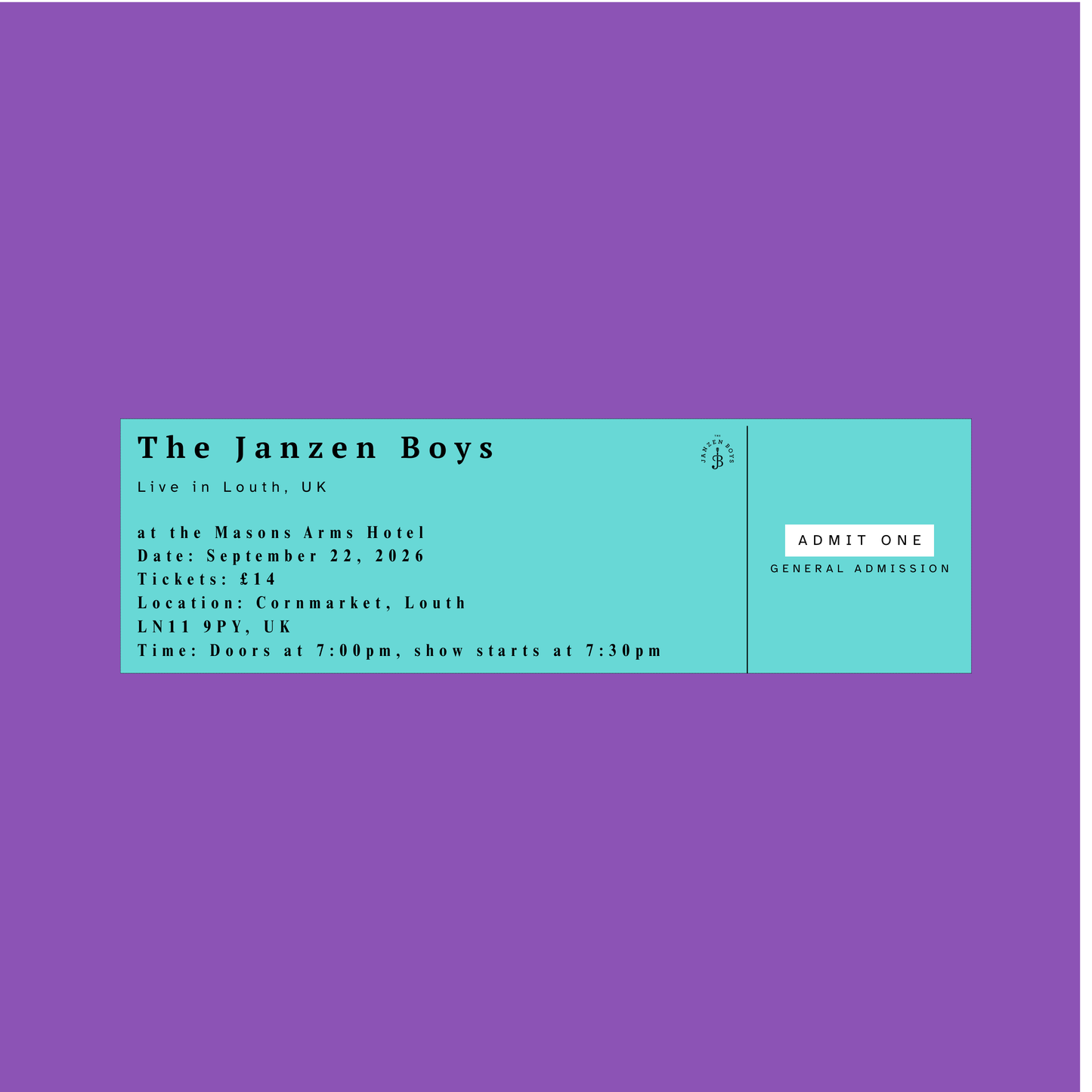 ONE Ticket to The Janzen Boys Live in Louth, UK - Tuesday, September 22nd