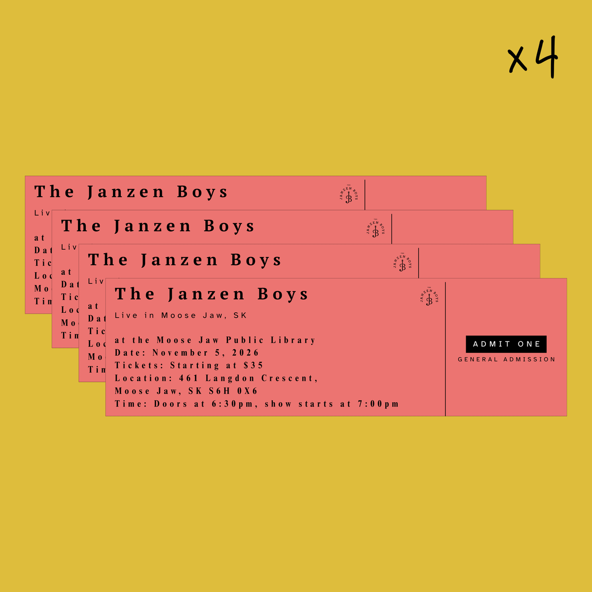 FOUR Tickets to The Janzen Boys Live in Moose Jaw, SK - Thursday, November 5th